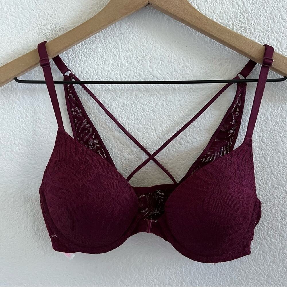 Victoria's Secret PINK Maroon Front Clasp Push-Up Strappy Back Bra 32C
